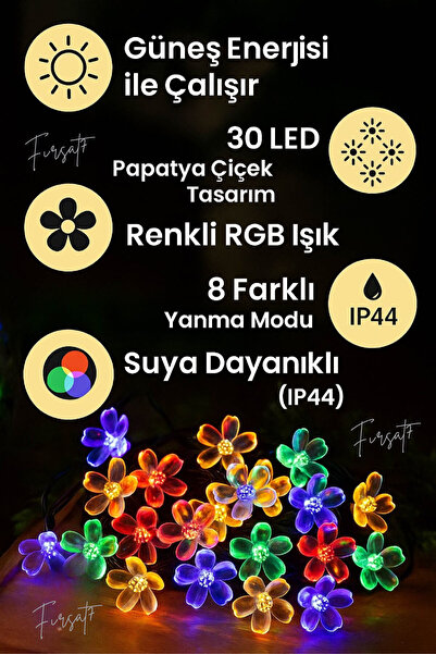 Fırsat7 30 Papatya Çiçek Renkli Led Güneş Enerjili Solar Led Işık 7 Metre Dekoratif Rgb Renkli 8 Modlu Yılbaşı Bahçe Balkon Ve Teras
