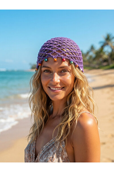 destini File Beaded Beanie Hand Knitted Natural Cotton Beanie