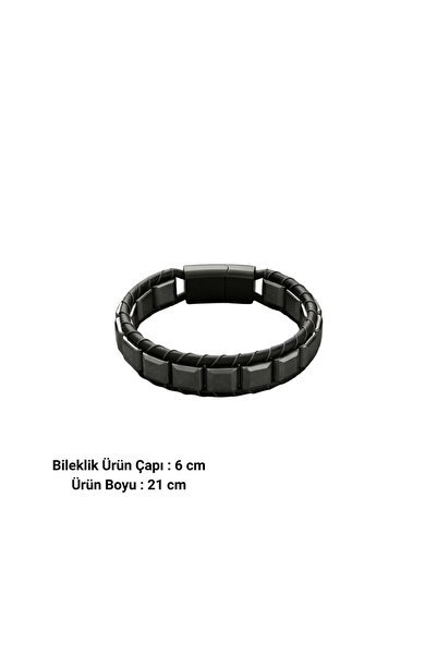 HOBİSY GIFT SHOP Hematit Taşlı Siyah Hakiki Deri Erkek Bileklik