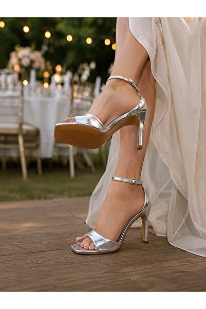 KAFKASLAR AYAKKABI Ankle-Strapped Thin 9 cm Heel Single Strap Silver Women's ...