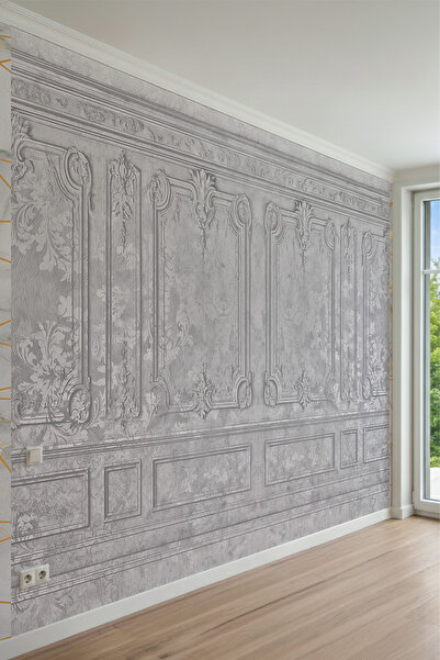 MİRAZAWALL Klasik Gri Paneller ve Damask Desenli Tek Parça Tekstil Duvar Kağıdı