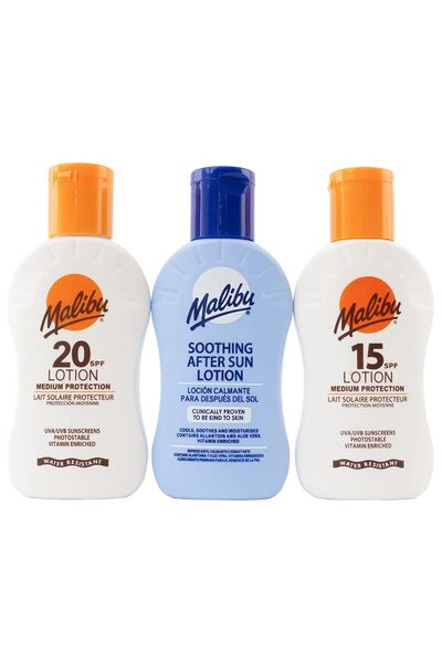 Malibu Set de călătorie: Loțiuni solare SPF15 SPF20 + Loțiune după plajă