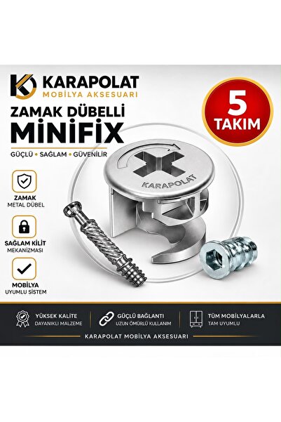 KARAPOLAT Zamak Metal Dübelli Minifix Seti 5 Takım – Mobilya Dolap Bağlantı E...