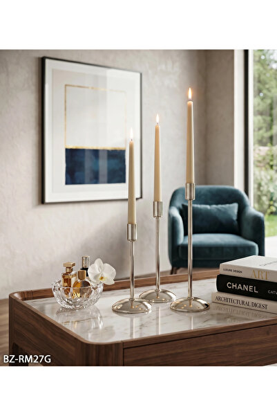 Hinora Home 3’lü Gold Metal Şamdan Seti Uzun İnce Mumluk Dekoratif Salon Masa...