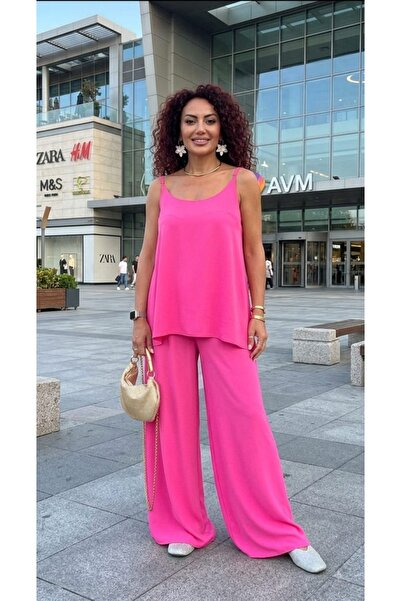 Pembe Askılı Tencel Bluz Pantolon Takım