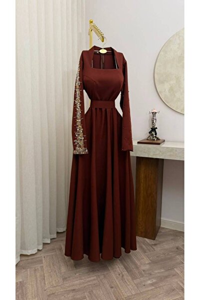 Hullm Store Mocha Embroidered Dress with Sleeves