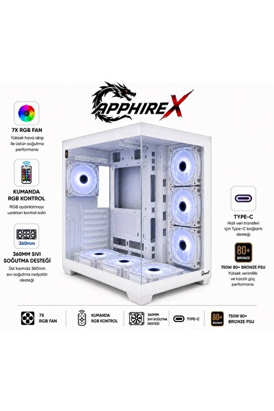Apphirex PRO 7X Argb Fanlı Kumandalı USB 3.0 Type-C 750W 80+ Bronze Psu Masaü...
