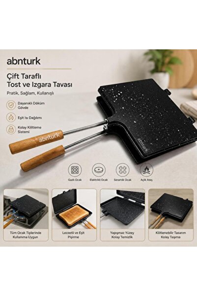 abnturk Ahşap Saplı Döküm Alüminyum Ocak Üstü 3 Kat Granit Tost Makinesi Tost...