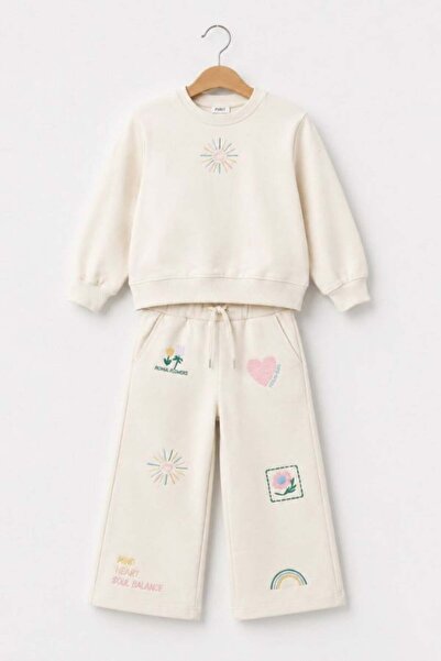 NOBLEKIDS Girl's Embroidered Sweatshirt Tracksuit Set Cream