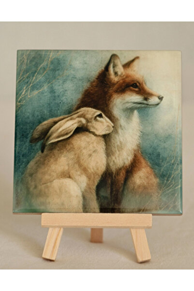 Generic Brand Hare & Fox – Placă decorativă ceramică handmade cu șevalet