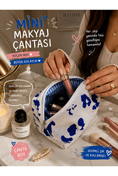 Shopendy Mini Boy Makyaj Çantası – Mavi Desenli | Çanta Boy Kozmetik Organizer
