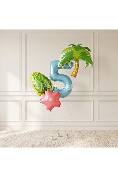 Partifest Tropical Palm Leaf Age Balloon Set with Number Balloons for 5 Years...