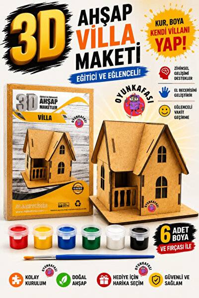 OYUNKAFASI 3D Ahşap Villa Maketi Boyama Seti – 6 Renk Boya ve Fırçalı Eğitici...