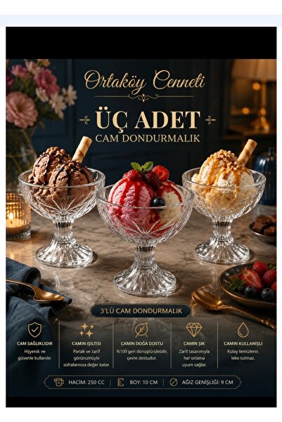 ORTAKÖYCENNETİ وعاء آيس كريم مع 3 أرجل زجاجية 250 سي سي حجم 10 سم طول 9 سم فت...