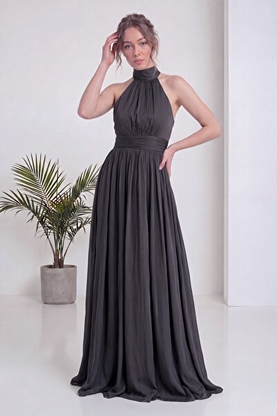 zks grup tekstil Women's Evening Dress Halter Neckline Pleated Long Satin Tex...