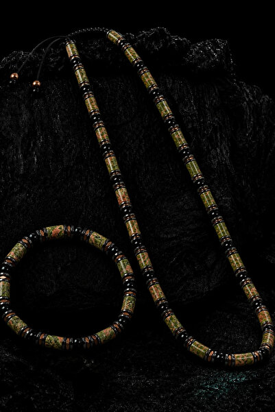 OSMANLI GÜMÜŞ Men's Unakite Hematite and Onyx Necklace and Bracelet Set with ...