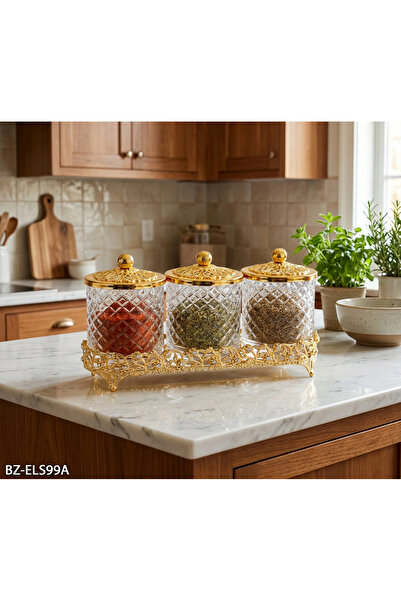 Hinora 3-Piece Glass Spice Jar Set with Gold Metal Stand and Lid, Kitchen Sto...