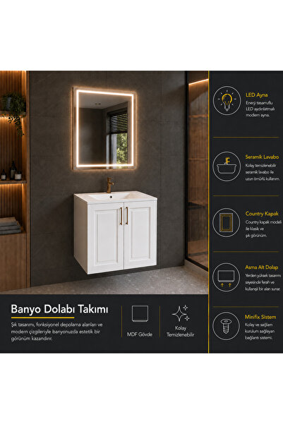 trakya banyo Banyo dolabı seti 60'lık alt dolap membran kapak seramik lavabo ...