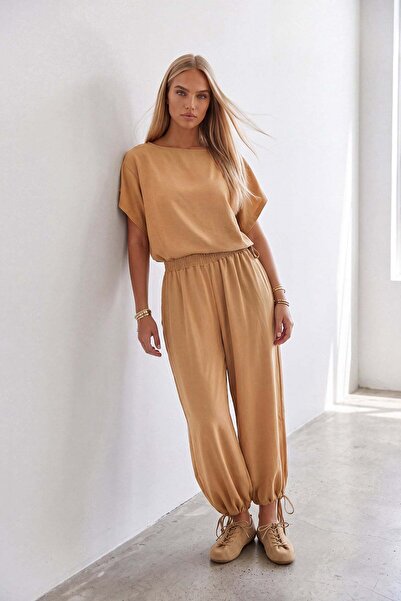 Trend Alaçatı Stili Women's Beige Waist-Tied, Cuffed, Lace-Detailed Trousers ...