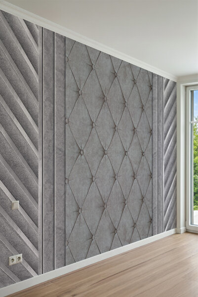 MİRAZAWALL Kapitone Kadife Dokulu Panel, Dikey ve Çapraz Çizgi Desenli Tek Pa...