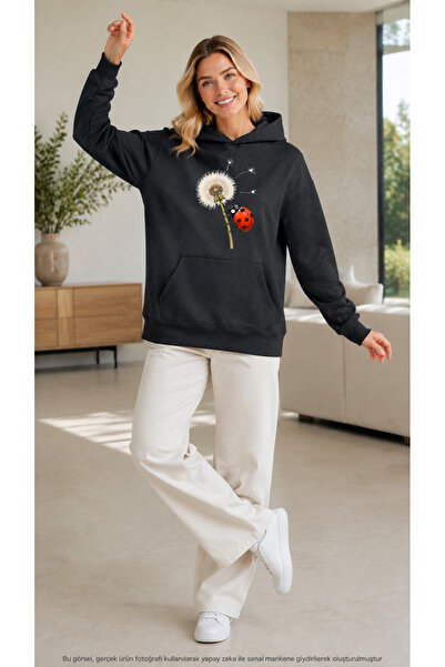 EMMODA Women's Ladybug and Dandelion Graphic Printed Hooded Kangaroo Pocket C...