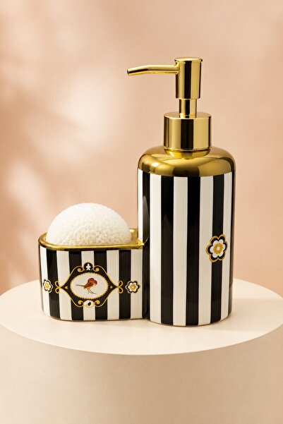 KLARHAUS Bird Motif Gold Detailed Striped Porcelain Liquid Soap Dispenser + D...