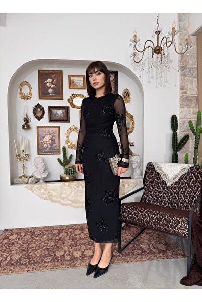 Miss Beyoğlu Rochie midi de damă cu mâneci și detalii din tul, cu model cu sc...