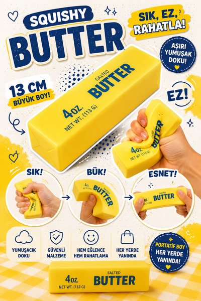 4koma Butter Squishy Tereyağ Sukuşi Stres Oyuncağı Sarı Bir Adet Gönderilir 1...