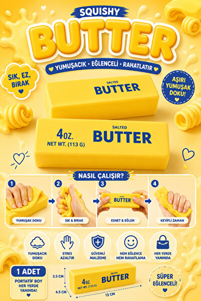 Butter Squishy Tereyağ Sukuşi Stres Oyuncağı Sarı Bir Adet Gönderilir 13 Cm Boyut