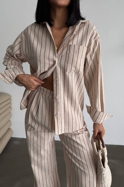 OLSAMODA Women's Shirt and Pants Striped Cotton Linen Fabric Two-Piece Set