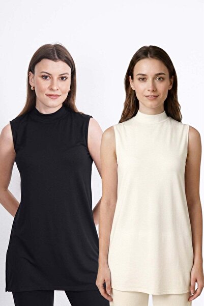 penyebizden Premium Viscose Sleeveless Long Tunic 2-Piece Sale-Black-Cream