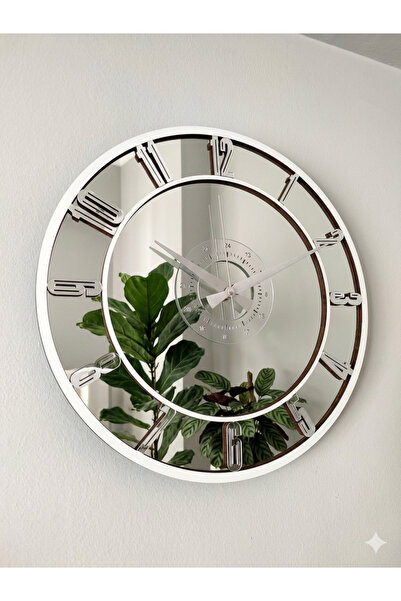 Ronson Lüks Gümüş Aynalı Duvar Saati Beyaz MDF Çerçeveli 40x40 cm - Modern Ay...