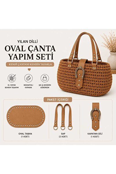 aurellen Oval Çanta Yapım Seti – 25x12 cm Taban, 2 Adet Dikmeli Sap ve Yılan ...