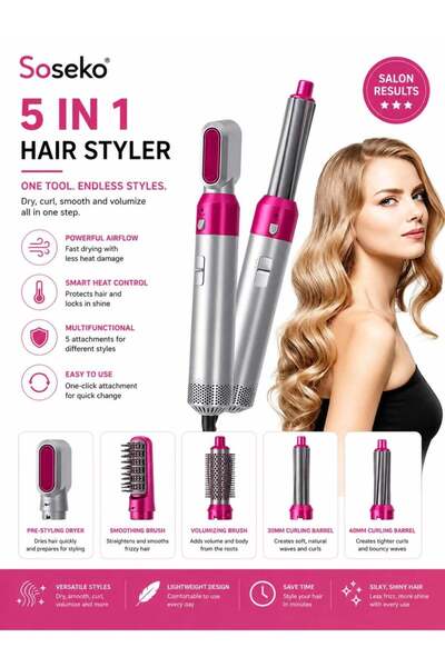 SOSEKO 5-in-1 Hair Styler Set, Multifunction Hot Air Brush Curler and Hair Dr...