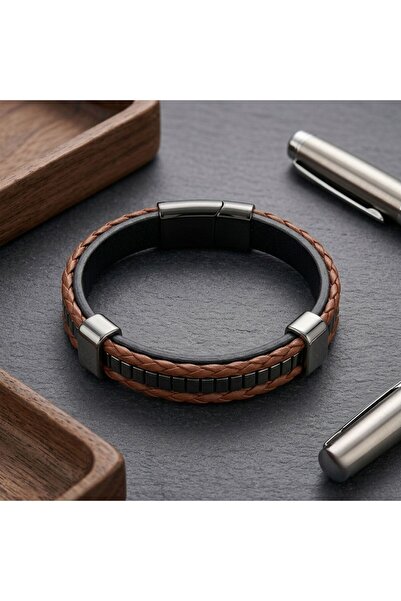 HOBİSY GIFT SHOP Metal Detaylı Kahverengi Hakiki Deri Erkek Bileklik