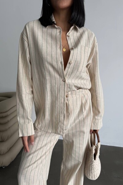 OLSAMODA Women's Shirt and Pants Striped Cotton Linen Fabric Two-Piece Set