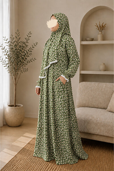 Bripurga Self-Shawl Prayer Dress 100% Cotton Viscose Lace Detailed with Pocke...