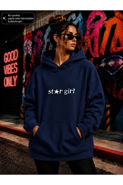 EMMODA Hanorac cu glugă și buzunar cangur cu imprimeu Star Girl pentru femei