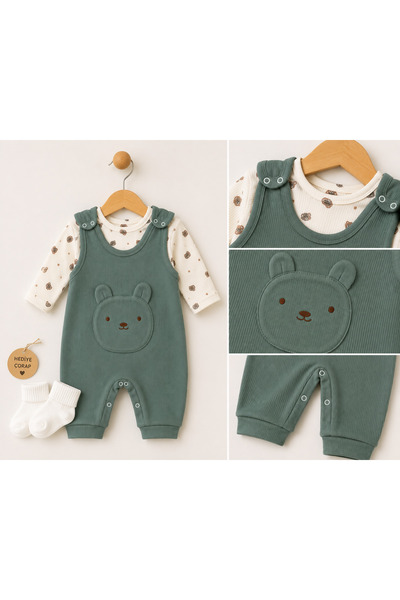 emir baby Teddy Bear Detailed Corduroy Baby Salopet Set
