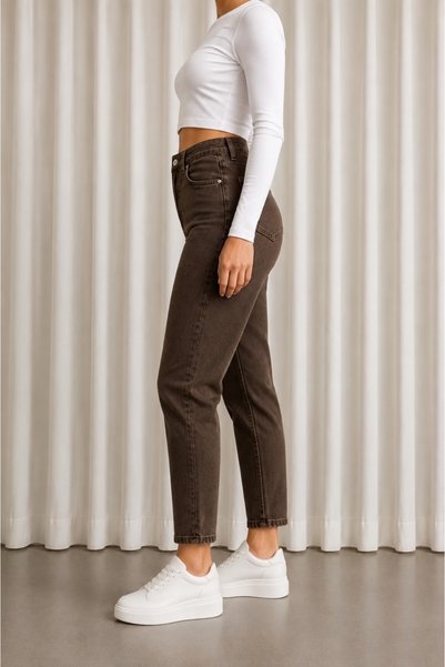 DELDNM Daisy Women's Brown High Waist Lycra Mom Jean Jeans