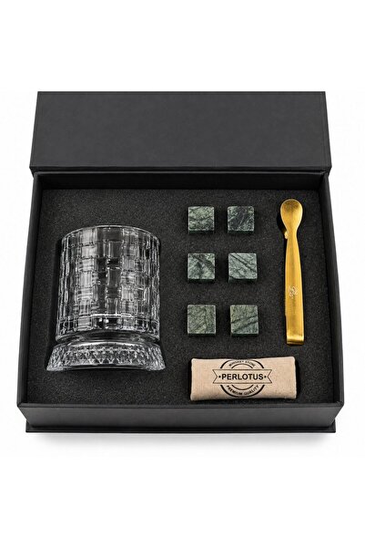 PERLOTUS 360 °   Rotating Whiskey Glass Gift Set with 6 Granite Whiskey Stones, Gold Steel Tongs, Premium Pouch