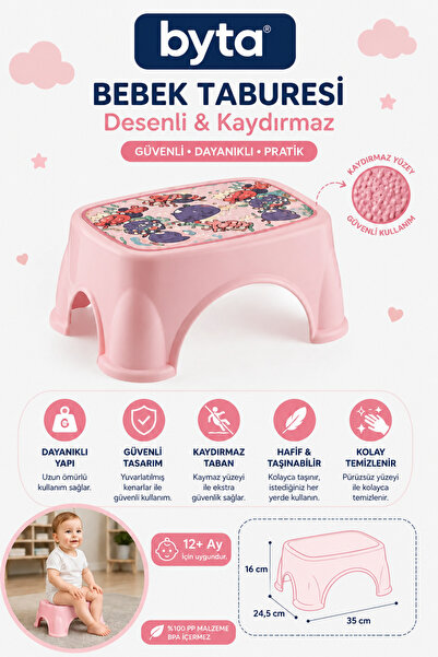 BYTA Kaydırmaz Desenli Bebek Basamağı Çocuk Taburesi 35x24,5x16 cm Pembe