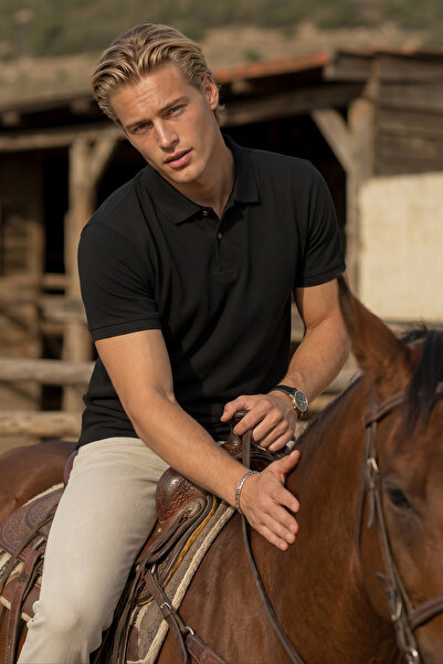MAXIMILLIAN Men's Black 100% Cotton Short Sleeve Polo Collar Basic T-Shirt