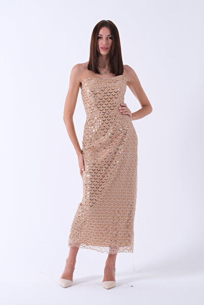 Feminist Midi Boy Straplez Pul Payet Abiye Bej 0801134