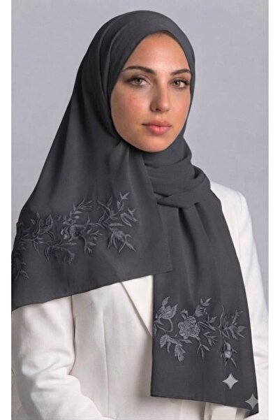 Veil Designer طرحة بوال رمادي طبقتين بتطريز علي الطرفين ورد و اغصان قماش يابا...