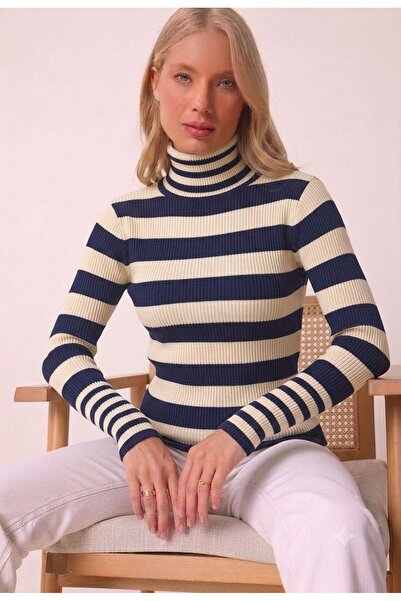 ZERELLE COLLECTİON Women's Knitwear Sweater Turtleneck Striped Patterned Styl...