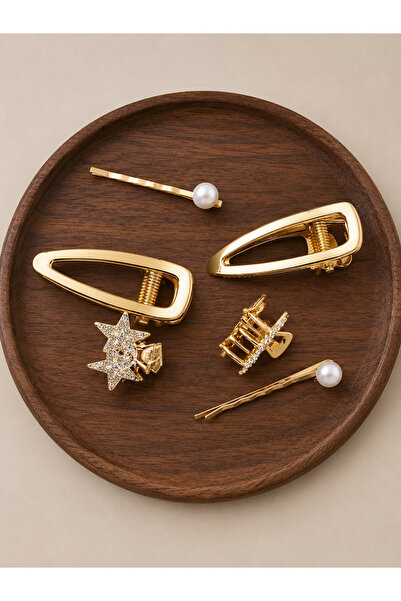 Just For You Merve Takı Zirkon Taşlı Yıldız Mandal Toka(3cm), Gold Mandal Tok...