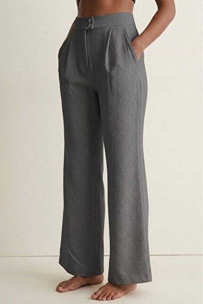 PORİENTO Dark Gray Women's High Waist Stretchy Textured Crepe Fabric Wide Leg...