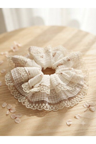 Mufincollection Muslin and Poplin Fabric Elastic Hair Tie with Lace Detail – ...