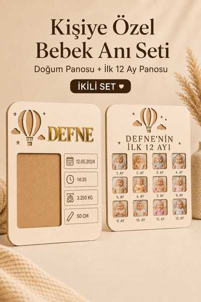 LAZERRA HOME Kişiye Özel Bebek Doğum Panosu ve İlk 12 Ay Fotoğraf Panosu İkil...